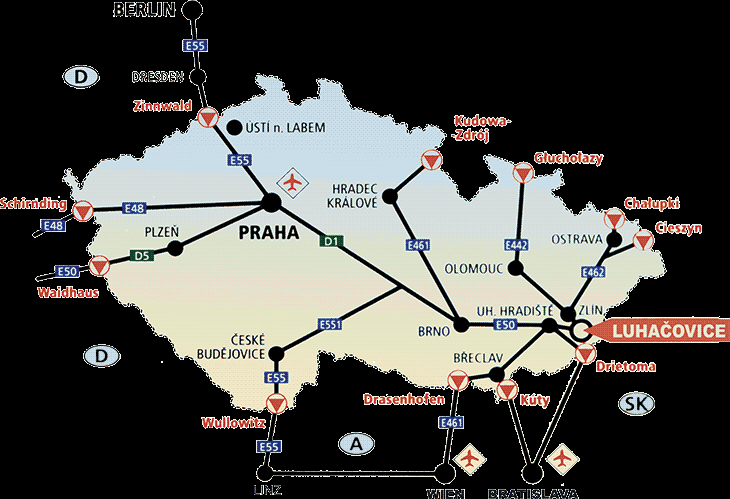 Tabulka vzdáleností: Brno 108km, Ostrava 111km, Trenčín 51km, Praha 306km, Olomouc