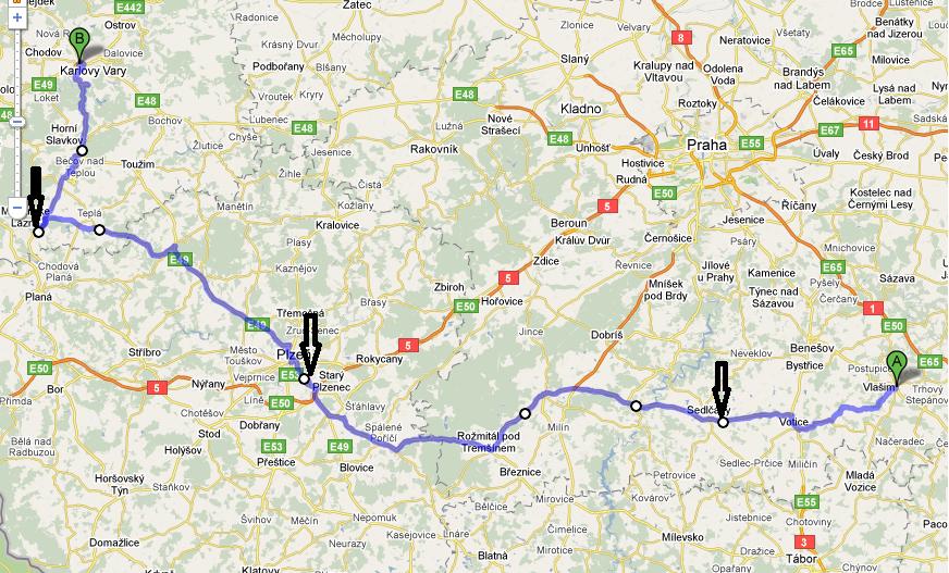 Trasy etap a orientační časový plán 1. etapa, čtvrtek 2.6.2011-265 km (165 mil) ca 5,3 hodin čisté jízdy při průměru 50 km/hod Vlašim (start v 8.