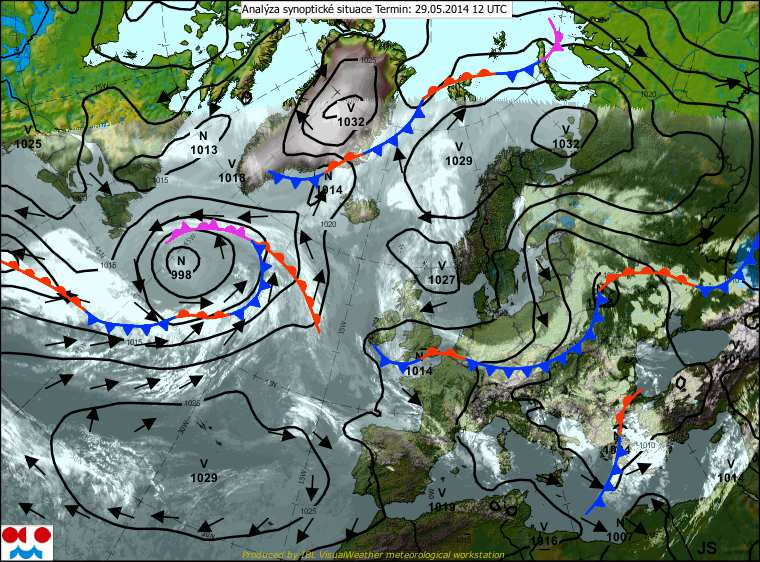 května 2014, ovlivňovala střední Evropu rozsáhlá brázda nízkého tlaku vzduchu zasahující od Balkánského poloostrova až po Biskajský záliv (Obr. 1-4).