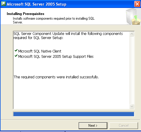 Poté proběhne kontrola počítače, zda jsou nainstalovány všechny nutné komponenty pro běh Microsoft SQL Serveru 2005 Express.
