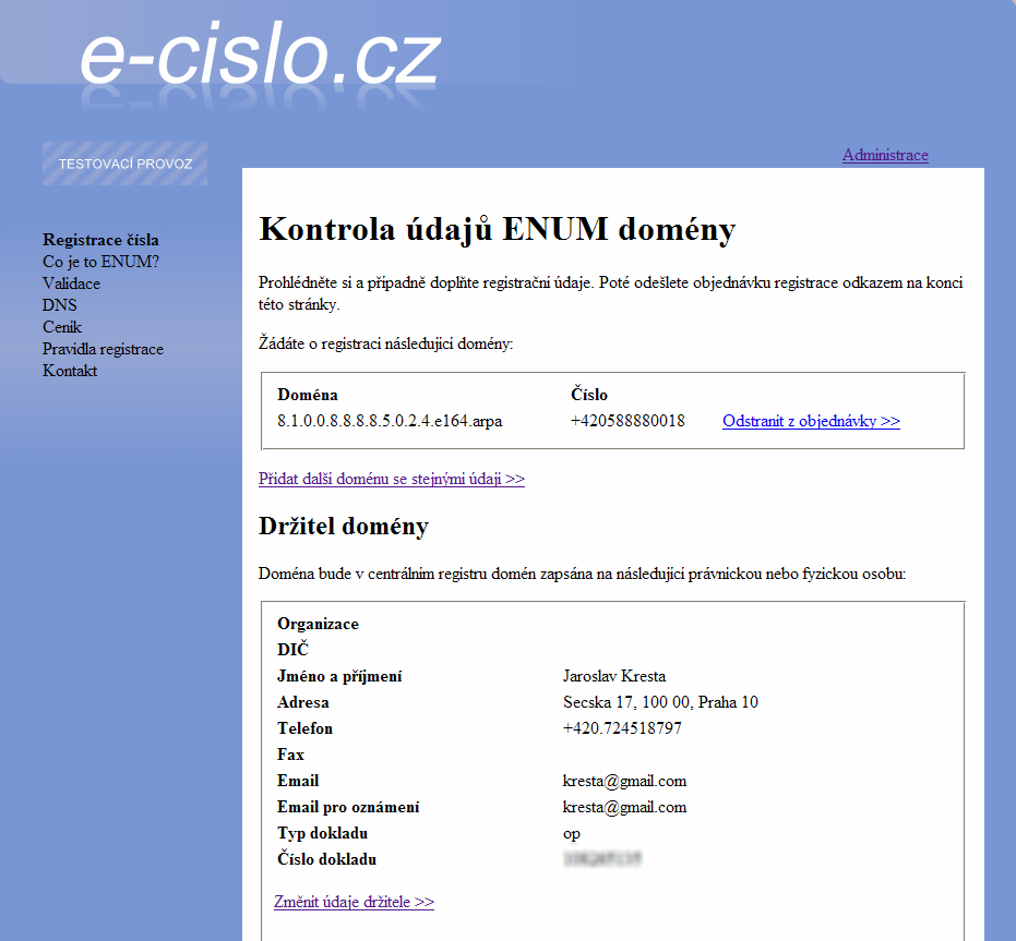 Obrázek 22: Registrace nameserverů na portálu e-cislo.