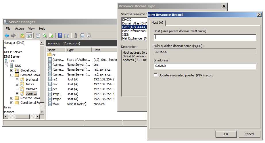 2. Domain Name System Obrázek 2.6: Vytvoření nového záznamu pro doménu zona.cz v Microsoft DNS dig Program dig, je součástí softwarového řešení BIND a slouží k dotazování serverů DNS.