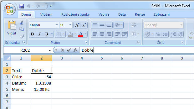 Editace dat Již vložená data můžeme samozřejmě editovat. MS Excel umožňuje dva základní způsoby editace dat. Každý z nich nám nabízí jiné možnosti a výhody.