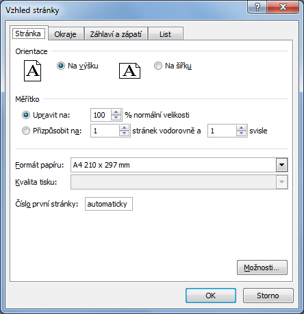 Nejvíce využitelnou záložkou Vzhledu stránky je Stránka Zde volíme orientaci a formát papíru, ale hlavně měřítko.