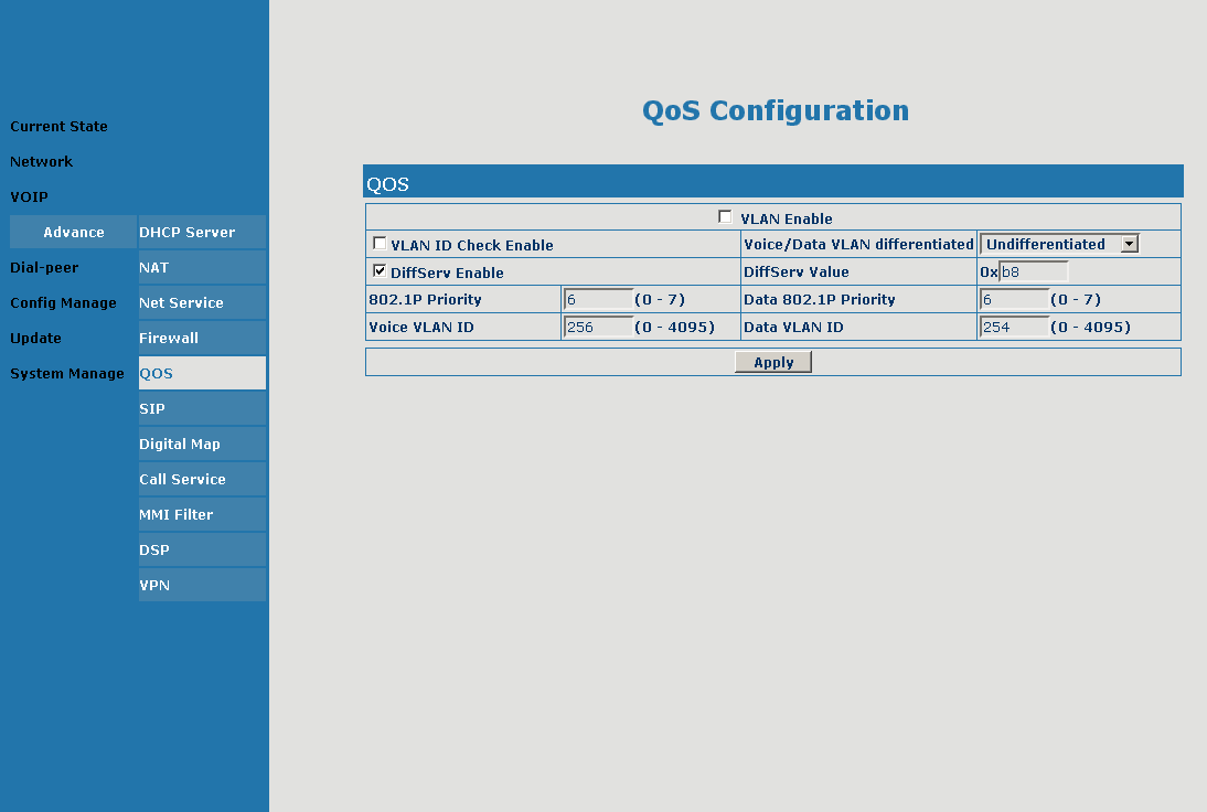 QoS Configuration konfigurace QoS QoS nastavení priority Nastavení provádět podle nastavení ISP nebo routeru. Pokud váš ISP nebo router nepodporují službu QoS, tak vše vypněte.