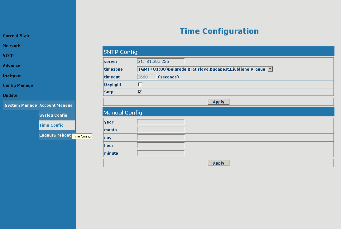 Account Configuration nastavení přístupu (vstupních hesel) k VoIP bráně User Table Výpis uživatelů a jejich přístupová práva Add User přidat nového uživatele a nastavení jeho práv a hesla.