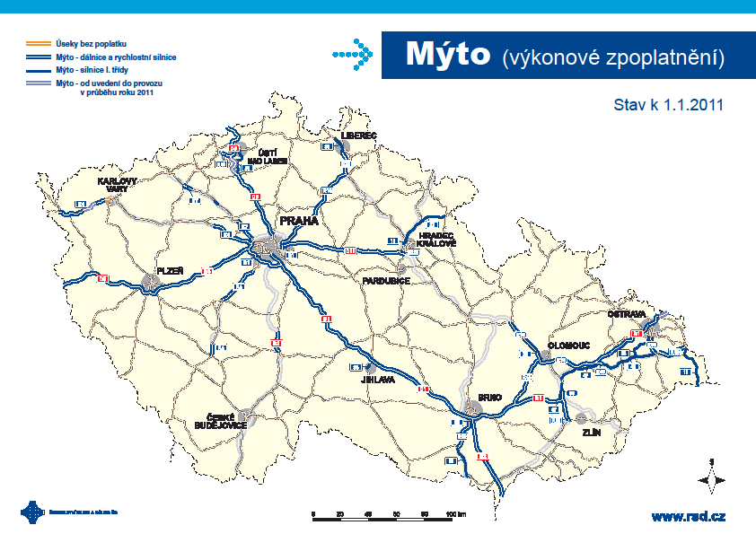 Obrázek 3 Výkonové zpoplatnění uţívaní dálnic a rychlostních silnic Zdroj: vlastní práce, Ředitelství silnic a dálnic ČR (2011a) Obrázek nám znázorňuje síť zpoplatněných dopravních komunikací