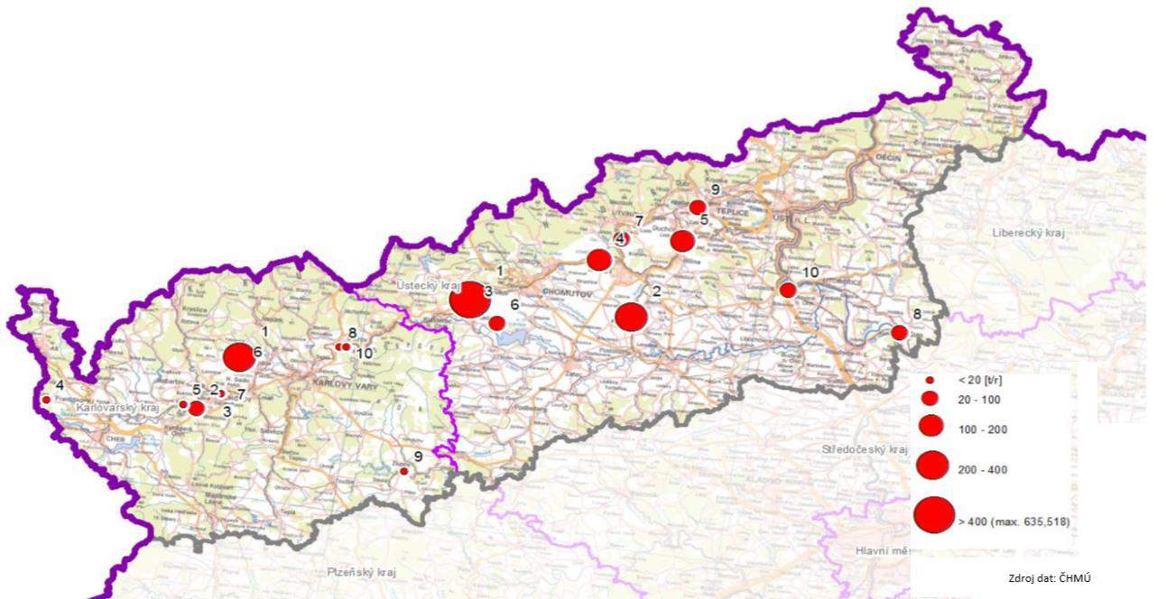 Obrázek 42: Provozovny vyjmenovaných zdrojů s nejvyššími emisemi tuhých znečišťujících látek, stav roku 2011, zóna CZ04 Severozápad Zdroj dat: ČHMÚ C.6.