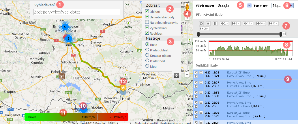 Informace o zobrazeném bodu. Zobrazení jízdy na mapě 1.