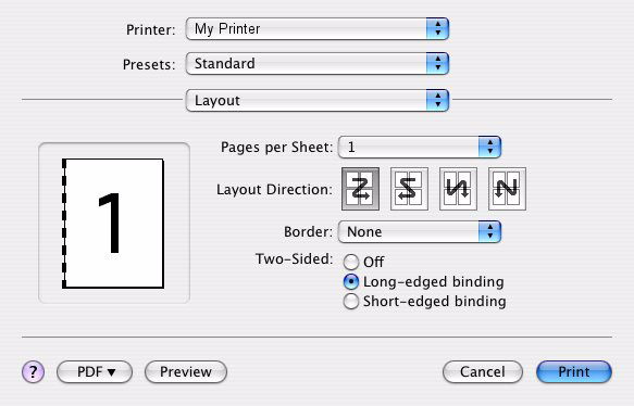 Layout (Rozvržení) Informace naleznete v části Pages per sheet (Stránky na list) na straně 94. Možnost Two-sided (Oboustranně) se používá pro oboustranný tisk.