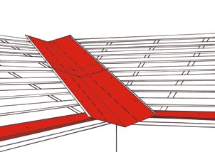 Osaďte úžlabí do správné polohy. Úžlabí nejprve připevněte pomocí příponek vyrobených z tabule plechu šroubem s plochou hlavou (4,2 25 mm).