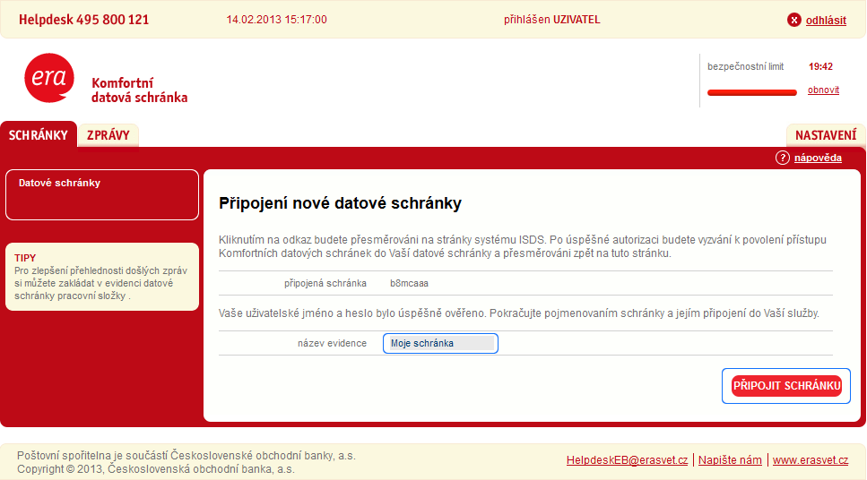 VVyplňte pole název evidence. Takto bude pojmenována evidence datových zpráv z dané datové schránky.