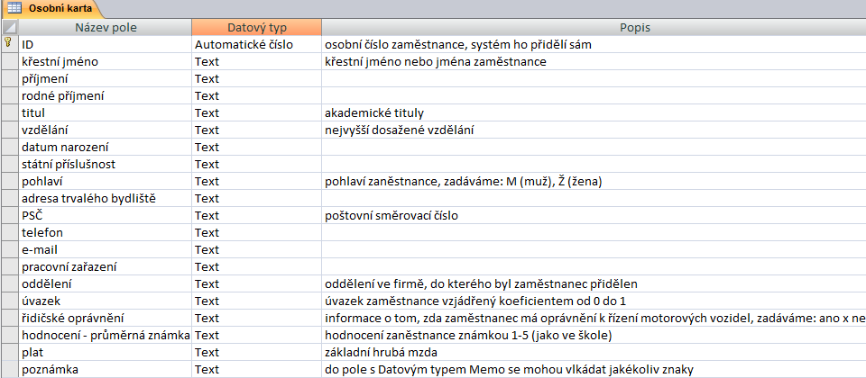 VYTVOŘENÍ DATABÁZE (v Návrhovém zobrazení) Start Všechny programy Microsoft Office Microsoft Office Access 2010 Prázdná databáze Název souboru: zadáme název (Zamestnanci) Vyhledat umístění pro