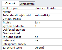 Datové typy Text Textový datový typ určen k zápisu libovolných znaků Vlastnost Velikost pole může nabývat hodnot 1-255 Číslo Datový typ určen k ukládání číselných hodnot Velikost pole číslo určuje,