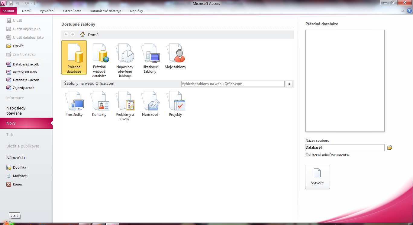 POPIS PROSTŘEDÍ Spuštění MS Access