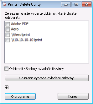 Systém Windows pro produkt imagepress Server 19 5 Vyberte možnost PrinterDeleteUtility. Zobrazí se všechny ovladače tiskárny produktu imagepress Server, které jsou v počítači nalezeny.