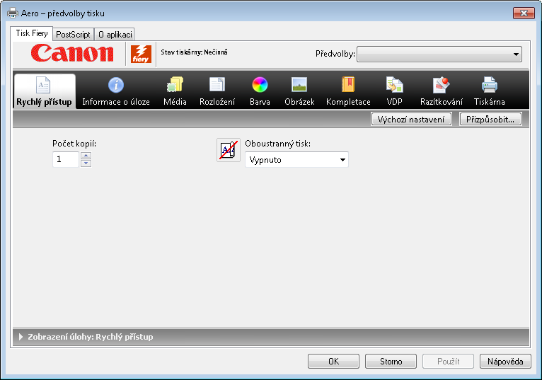 Systém Windows pro produkt imagepress Server 31 3 Pokud se nezobrazí karta Tisk Fiery, klikněte na ni.