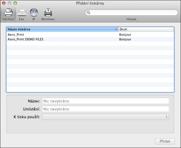 Systém Mac OS pro produkt imagepress Server 49 1 Klikněte na ikonu Výchozí v dialogovém okně Přidat tiskárnu. Je zde uveden seznam názvů tiskáren s výchozím připojením.