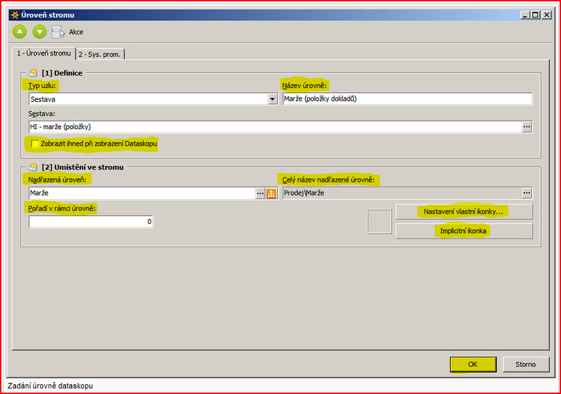 Celý název nadřazené úrovně - doplní se automaticky s vybráním Nadřazené úrovně. Pořadí v rámci úrovně - v případě stromové struktury dataskopu určujete pořadí jednotlivých uzlů v nadřazené úrovni.