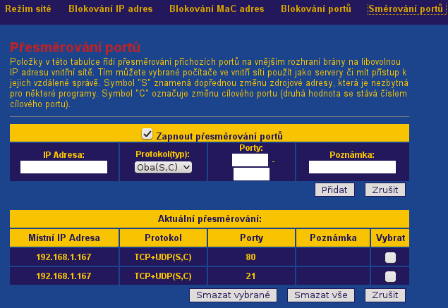 6. Klienty pro FTP protokol: - Pro klienta je potřeba zajistit dostupnost serveru mimo jiné podle doménového jména z WAN. - K tomu je potřeba provést FORWARD portu 21 z NAT na server: Obr.