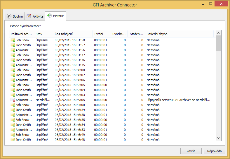 Snímek obrazovky 9: Historie synchronizace Zobrazí se podrobnosti o všech pokusech o synchronizaci. Ve výchozím nastavení je zaznamenáno posledních 1000 pokusů o synchronizaci.