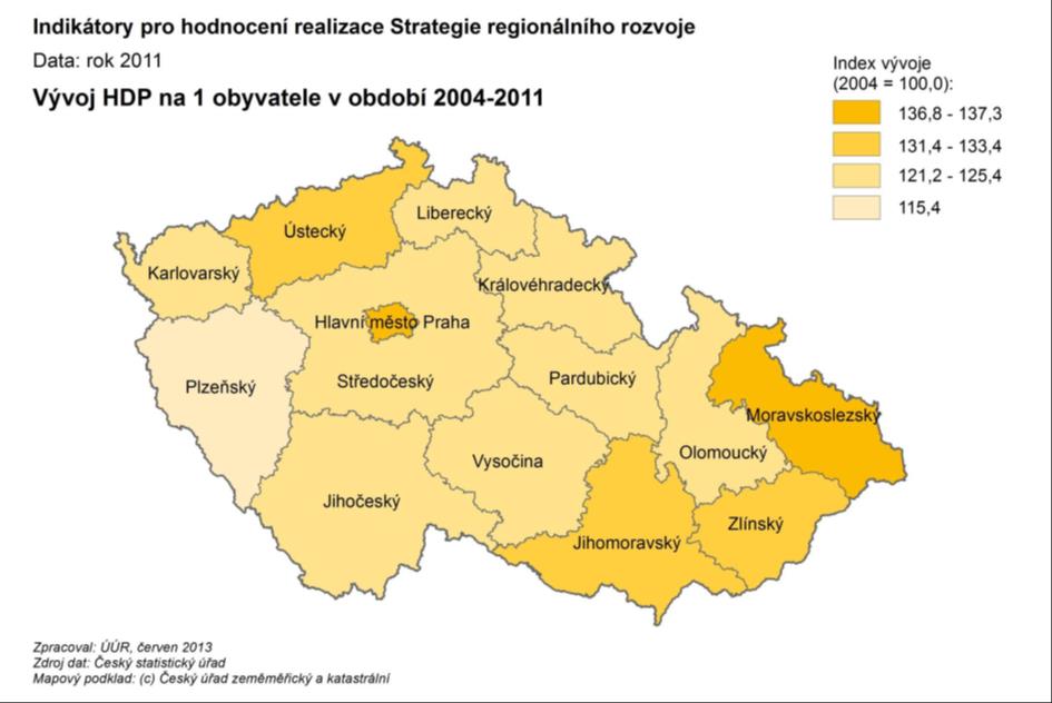 Kartogram č.2 Z jednotlivých krajů má pouze Praha HDP na obyvatele vyšší, než je průměr EU.