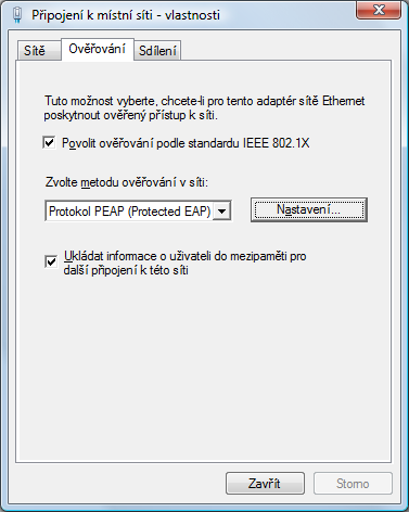 V okně "Připojení k místní síti - vlastnosti" zvolte záložku "Ověřování"