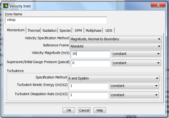 V záložce Boundary Conditions vidíme námi vytvořené pojmenované oblasti. Implicitně jsou všechny podmínky nastaveny na wall. Pro oblast vstupu vybereme podmínku velocity inlet.