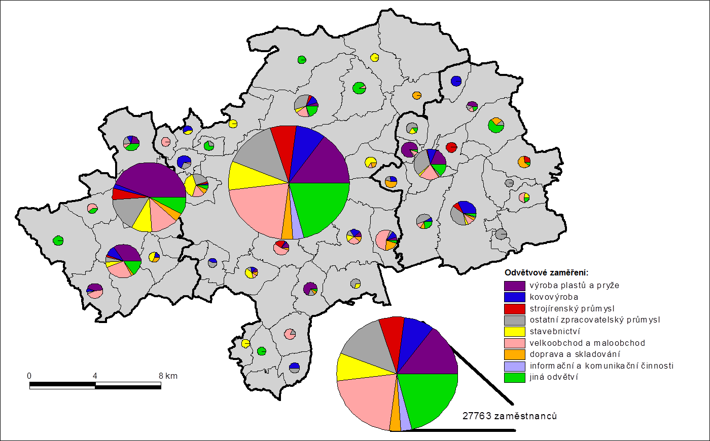 Mapa A-2: Prostorové rozložení ekonomických subjektů v rámci obcí zlínské aglomerace, struktura vzhledem k vybraným kategoriím ekonomických odvětví a