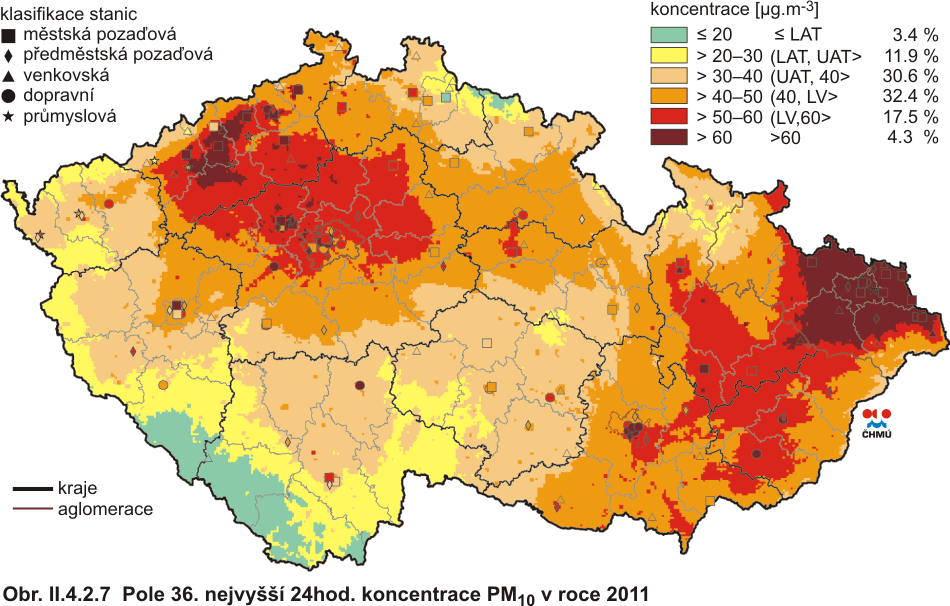 v pětiletém Mapa denních koncentrací PM 10 v