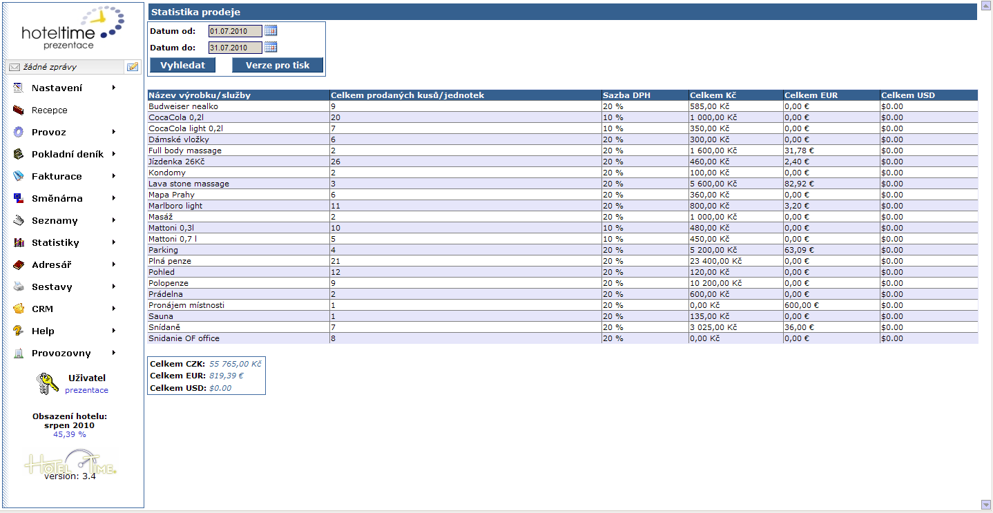 5.4. Statistika prodeje Report zobrazuje přehled položek, které byly natíženy na hotelové účty z výrobků a služeb nezávisle na způsobu úhrady.