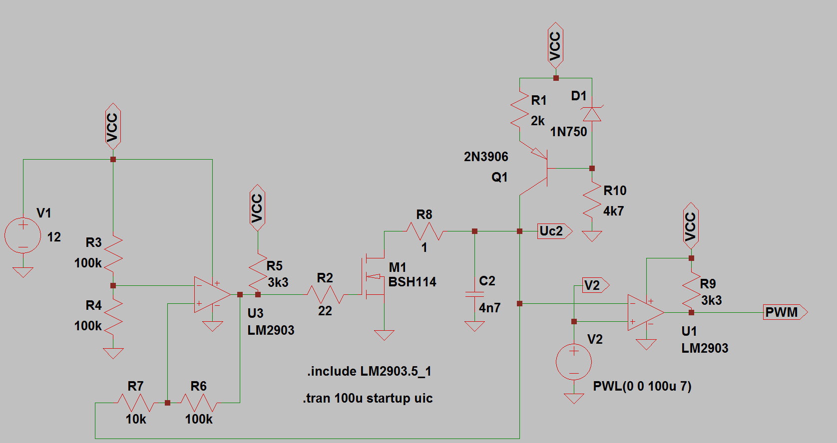 5 Obr. 6. Výsledek simulace obvodu podle obr. 5 Napětí zdroje V2 lineárně roste od nuly do 7V. Všimněte si, jak v závislosti na V2 roste šířka impulzů (zelená čára).