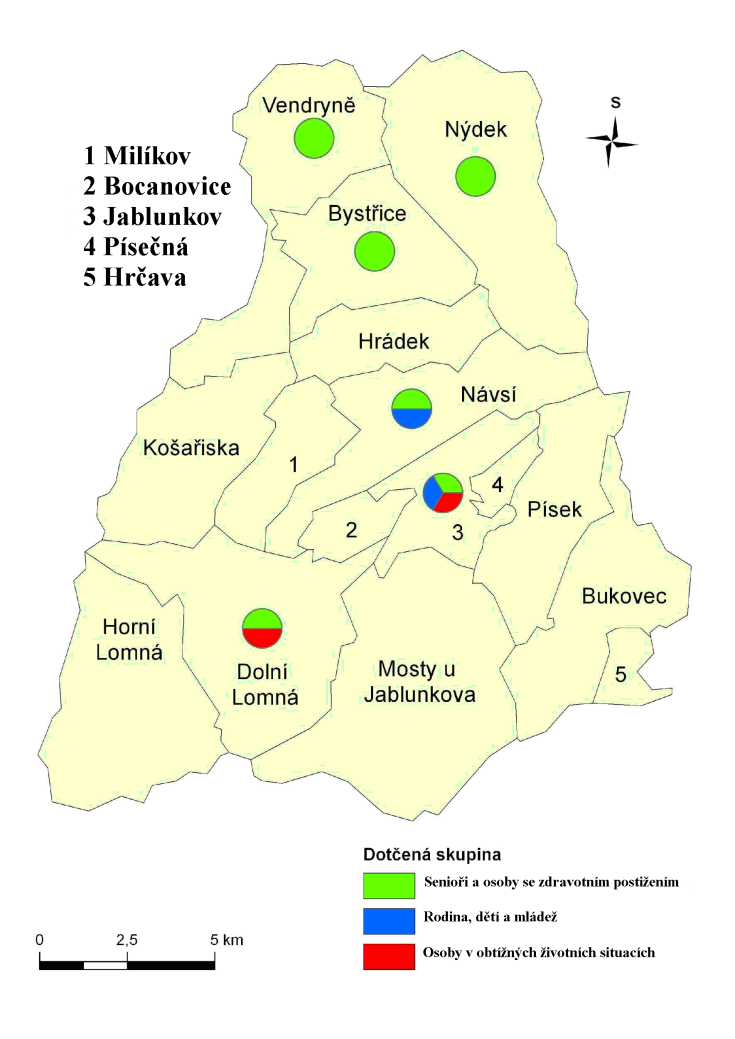 Obr. 5: Rozložení zařízení sociálních služeb a zařízení poskytujících sociální služby v území MAS Jablunkovsko k 31. 12. 2014 Zdroj: Vlastní zpracování 1.8.