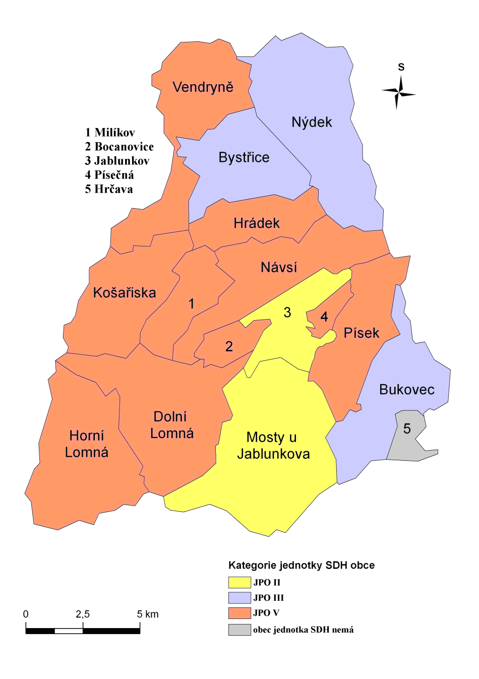 Obr. 7: Mapa rozložení sborů dobrovolných hasičů v obcích MAS Jablunkovsko