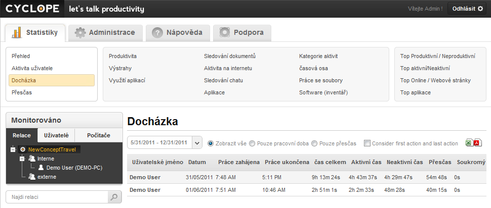 3.3. DOCHÁZKA Statistika Docházka obsahuje údaje o tom, kdy v daném dni (období) uživatel "přišel do práce" (= zapnul počítač, přihlásil se a začal být CESS klientem monitorován) a "kdy z práce