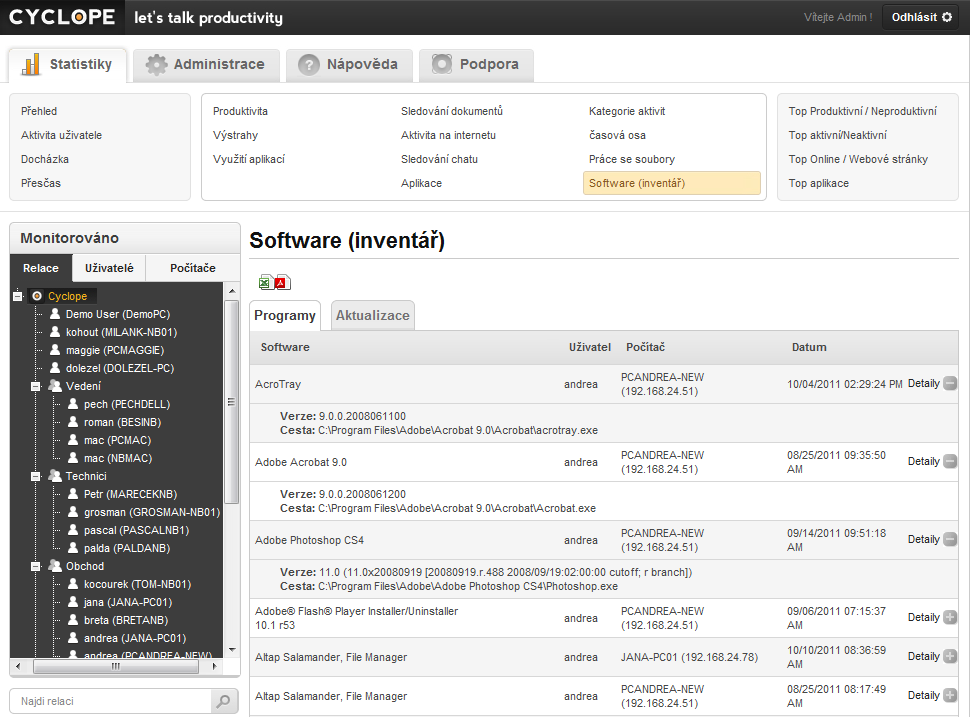 3.15. SOFTWARE (INVENTÁŘ) Zobrazuje seznam veškerých aplikací, které byly CESSem zaznamenány.