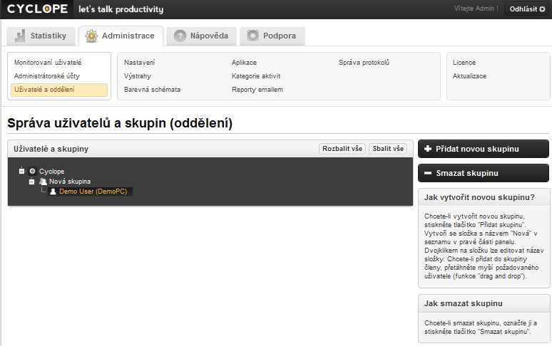 Obrázek 6 - Správa uživatelů a skupin 2.5. NASTAVENÍ Stránka nastavení umožňuje nastavit několik základních parametrů programu, jako je jazyk webového rozhraní nebo pracovní doba. 2.5.1.