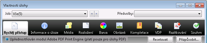 Metody tisku 67 Upřednostňován modul Adobe PDF Print Engine (platí pouze pro úlohy PDF) a zaškrtávací políčko indikuje, že nejméně jeden z vybraných souborů PDF byl zpracován pomocí pracovního