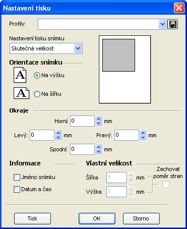 Hlavní okno programu Profily tisku: Profily tisku slouží k snadnému a rychlému nastavení parametrů tisku. Použití: z rozbalovací nabídky vyberte profil, do kterého bude nové nastavení uloženo.
