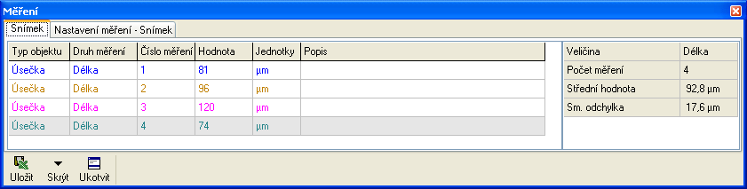 Hlavní okno programu Uložení výsledků Výsledky měření mohou být uloženy do souboru ve formátu xls pro další zpracování v programu Microsoft Excel nebo ve formě textového souboru pro importování do