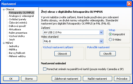 Hlavní okno programu Upřesnit otevře dialog pro manuální nastavení zařízení pro zobrazení živého obrazu (určeno pouze pro zkušené uživatele).