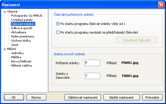 Hlavní okno programu Dálková spoušť Tato strana slouží k nastavení a ověření funkce dálkové spouště. Dálková spoušť je volitelné zařízení připojitelné přes sériový nebo USB port.