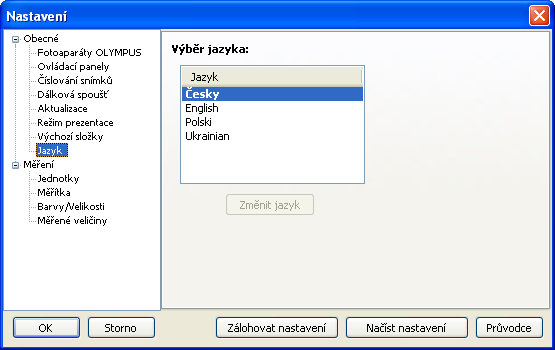 Hlavní okno programu Jazyk V této části můžete přepínat mezi jednotlivými jazykovými verzemi programu.