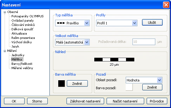 Hlavní okno programu hodnotou udávající délku měřítka. Při volbě Hodnota a měřítko bude pozadí zvolené barvy zobrazeno pod celým objektem měřítka.