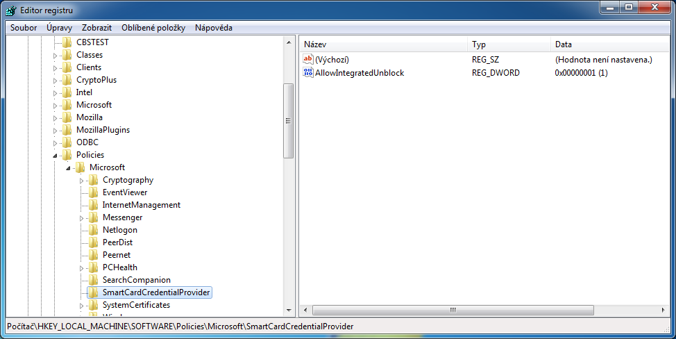HKEY_LOCAL_MACHINE\SOFTWARE\Policies\Microsoft\Windows\SmartCardCredentialProvider Musí být zaveden klíč AllowIntegratedUnblock