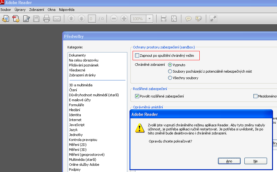 Jednotlivé kroky vedoucí ke zprovoznění podpory ProID+ v Adobe Readeru jsou však mírně odlišné. Ve výchozím nastavení má Adobe Reader zapnut tzv. Chráněný režim.