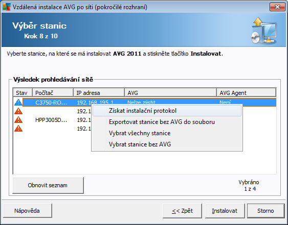 instalaci AVG (dostupná v k rok u Podrobné nastavení instalačních parametrů) je povolena, bude AVG Agent automatick y odebrán a protok ol instalace nebude možné tímto způsobem získ at.
