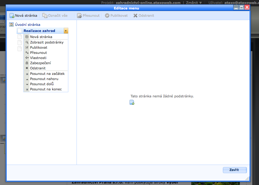 obr. 18: Editace menu Kliknutím na pravou část řádku s názvem stránky dojde k zobrazení menu s
