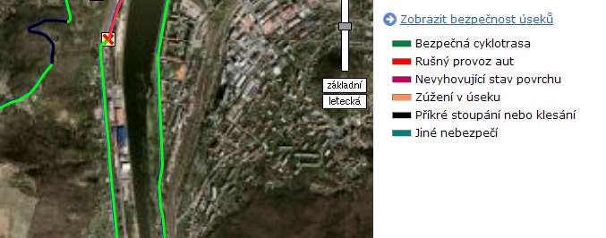 Obrázek 10 - Zbrazení seznamu cykltras Při vlbě Zbrazit kvalitu pvrchu úseků se v mapě zabarví úseky cykltras