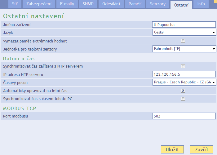 O s t a t n í Zde se nastavuje jméno zařízení, jazyk, datum a čas a některé další parametry. Jméno zařízení obr.